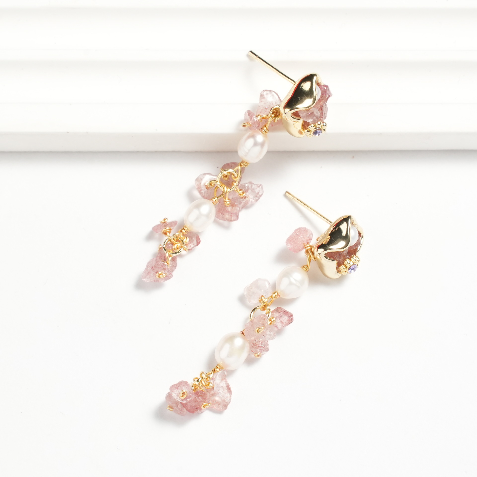 Romantic Strawberry Quartz & Pearl Tassel Earrings - Dainty Pink Crystal Drop Jewelry for Her