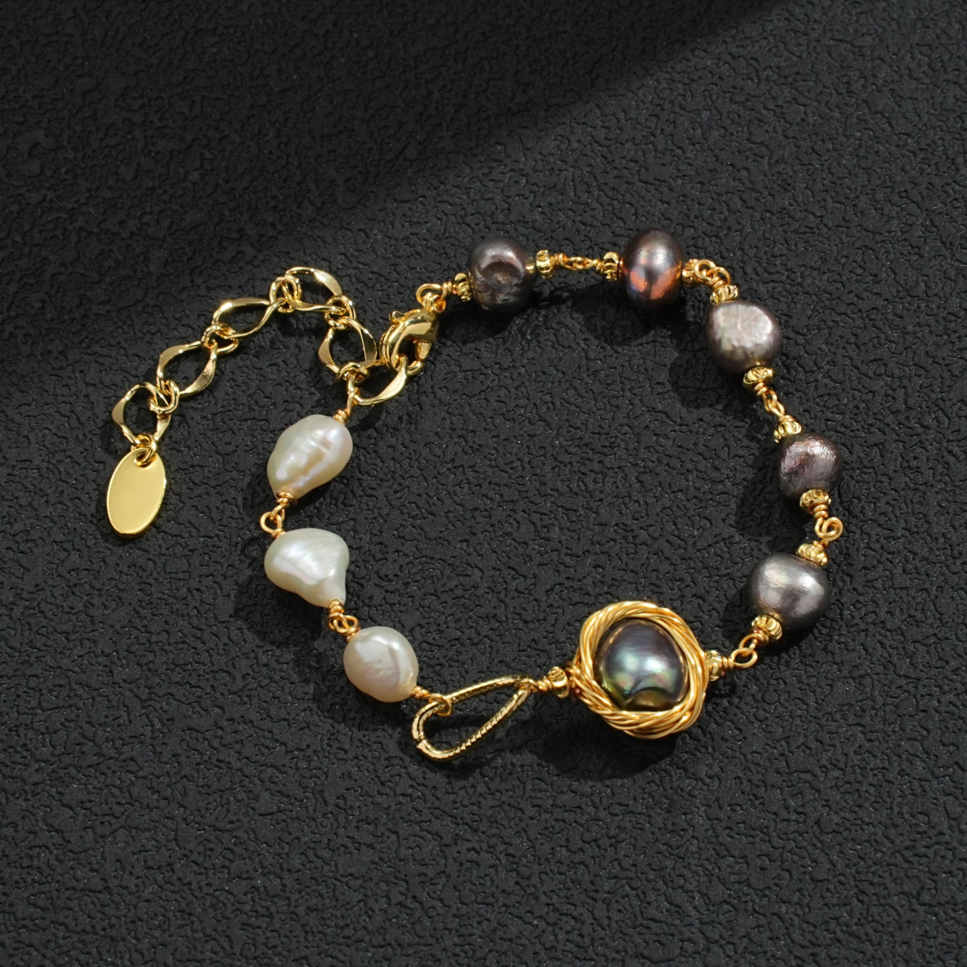 Elegant Baroque Freshwater Pearl Spliced Bracelet - Adjustable Gold-Tone Chain for Women