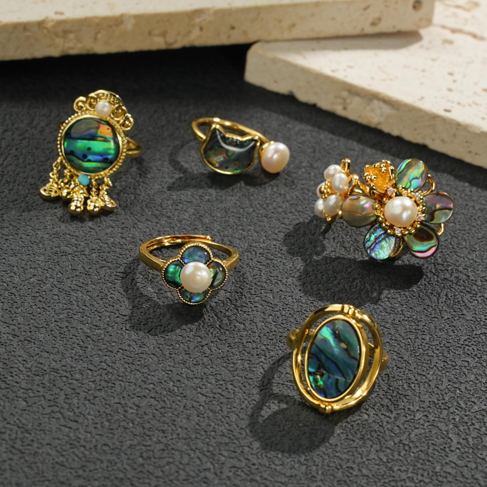 Ocean-Inspired Pearl & Abalone Shell Inlay Ring - Genuine Freshwater Pearl, Resizable