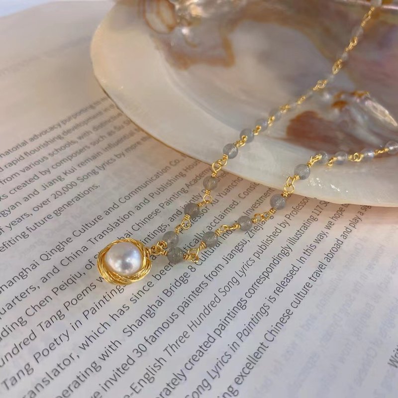 Gentle Spring Grey Moonstone & Freshwater Pearl Necklace - Aesthetic Vintage Choker