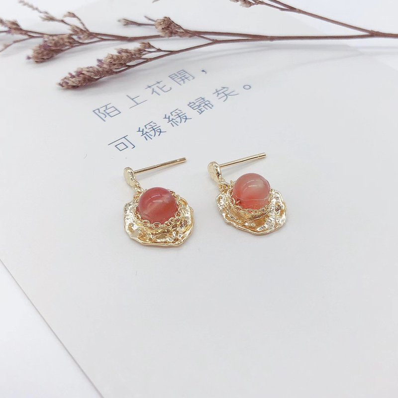 Chinese Style Liangshan Red Agate Stud Earrings - 14K Gold Plated Classic Elegant Earrings